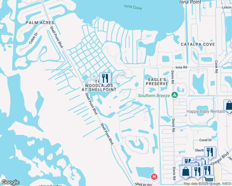 map of restaurants, bars, coffee shops, grocery stores, and more near 17401 On Par Boulevard in Fort Myers