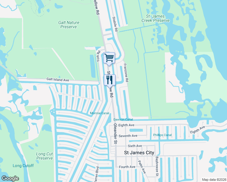 map of restaurants, bars, coffee shops, grocery stores, and more near 3075 Bracci Drive in Saint James City