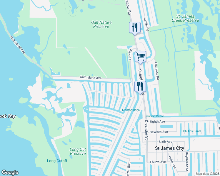 map of restaurants, bars, coffee shops, grocery stores, and more near 3063 Harpoon Lane in Saint James City