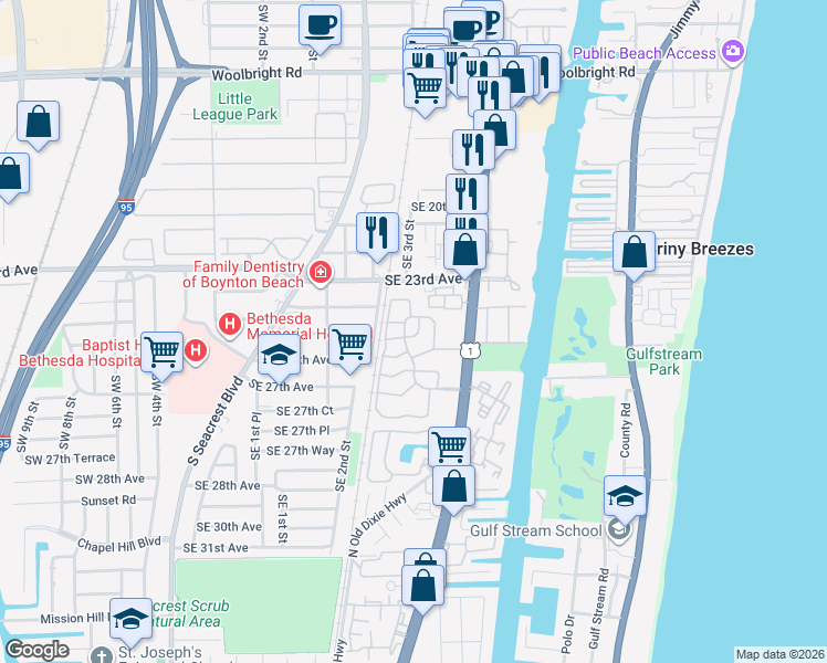 map of restaurants, bars, coffee shops, grocery stores, and more near 516 Southeast 27th Lane in Boynton Beach