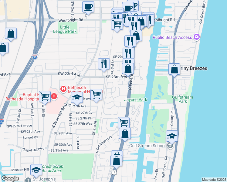 map of restaurants, bars, coffee shops, grocery stores, and more near 2665 Southeast 27th Lane in Boynton Beach