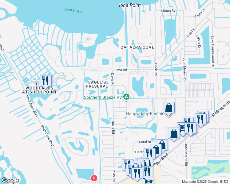 map of restaurants, bars, coffee shops, grocery stores, and more near 16007 Davis Road in Fort Myers