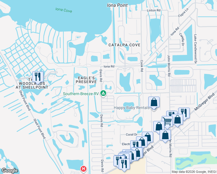 map of restaurants, bars, coffee shops, grocery stores, and more near 122 Iona Terrace in Fort Myers
