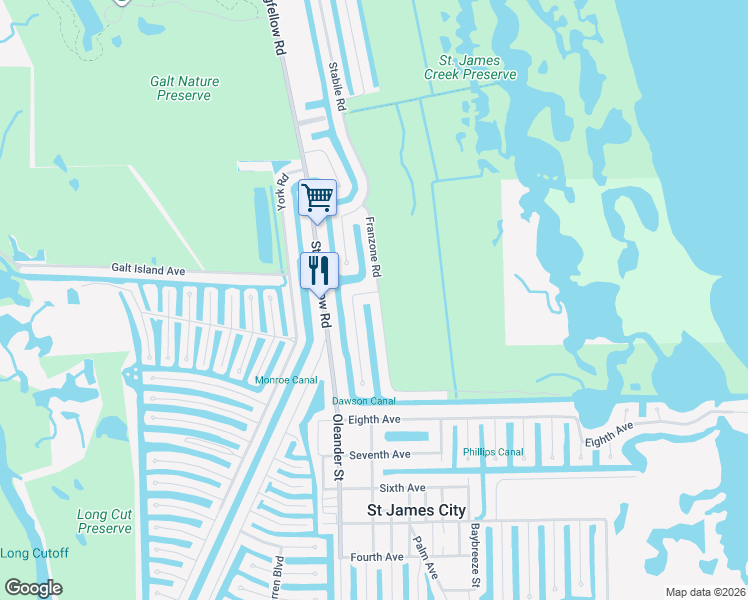 map of restaurants, bars, coffee shops, grocery stores, and more near 3073 Cussell Drive in Saint James City