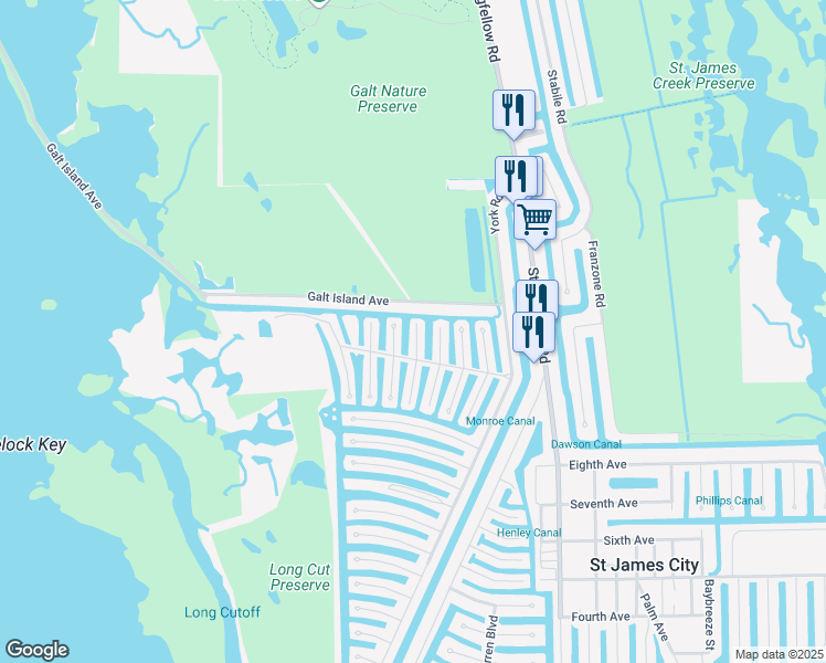 map of restaurants, bars, coffee shops, grocery stores, and more near 3063 Harpoon Lane in Saint James City
