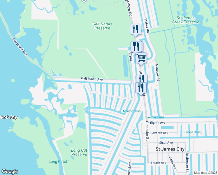 map of restaurants, bars, coffee shops, grocery stores, and more near 3063 Harpoon Lane in Saint James City