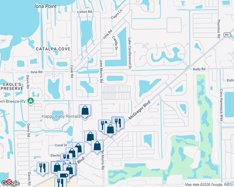 map of restaurants, bars, coffee shops, grocery stores, and more near 16175 John Morris Road in Fort Myers