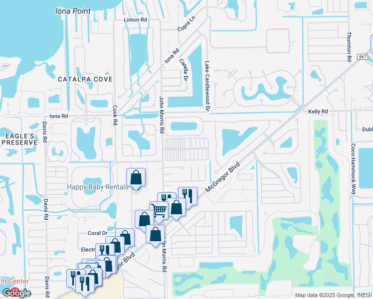 map of restaurants, bars, coffee shops, grocery stores, and more near 16175 John Morris Road in Fort Myers