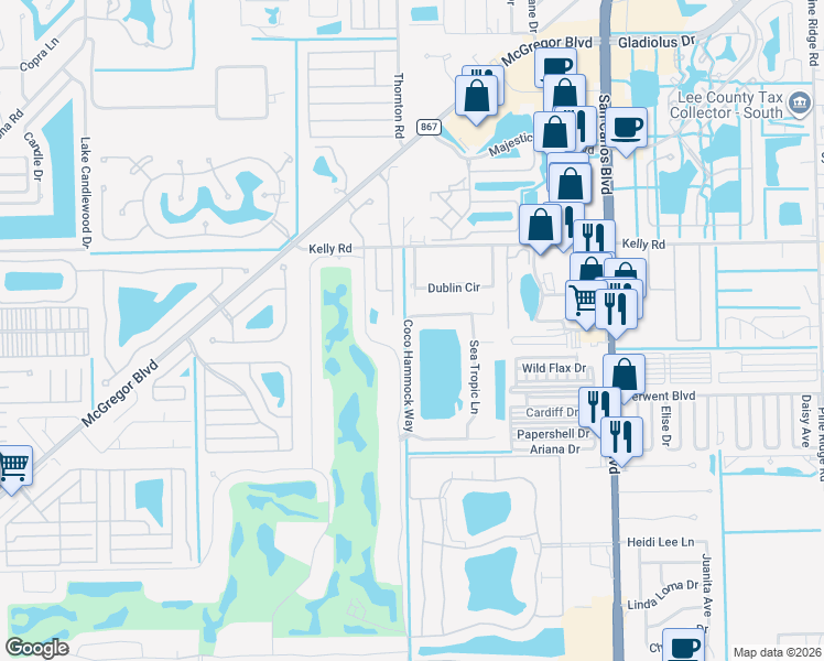 map of restaurants, bars, coffee shops, grocery stores, and more near 16227 Coco Hammock Way in Fort Myers