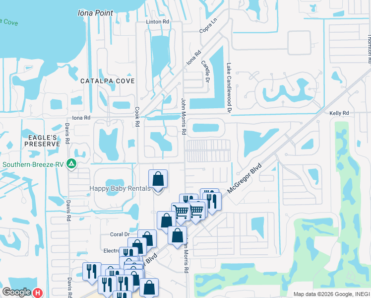 map of restaurants, bars, coffee shops, grocery stores, and more near 16175 John Morris Road in Fort Myers