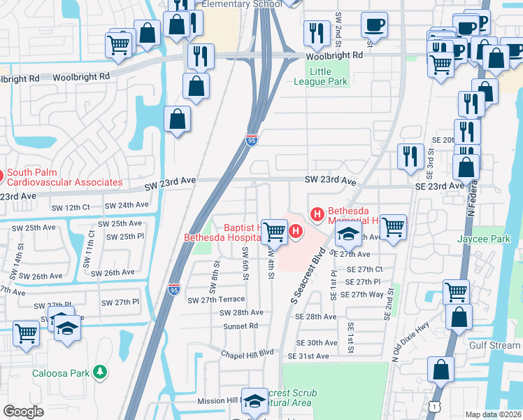 map of restaurants, bars, coffee shops, grocery stores, and more near 2520 Southwest 5th Street in Boynton Beach