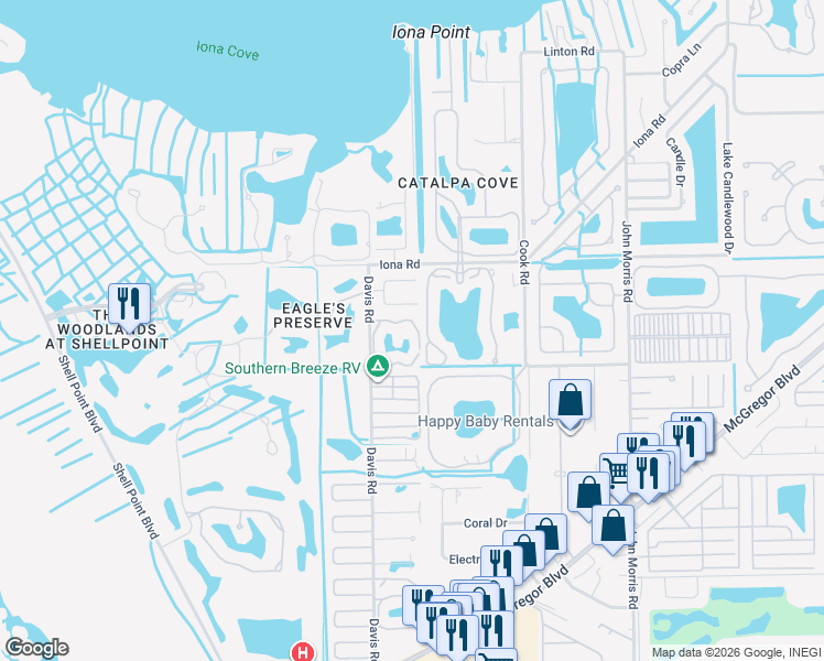 map of restaurants, bars, coffee shops, grocery stores, and more near 13539 Harbour Ridge Drive in Fort Myers