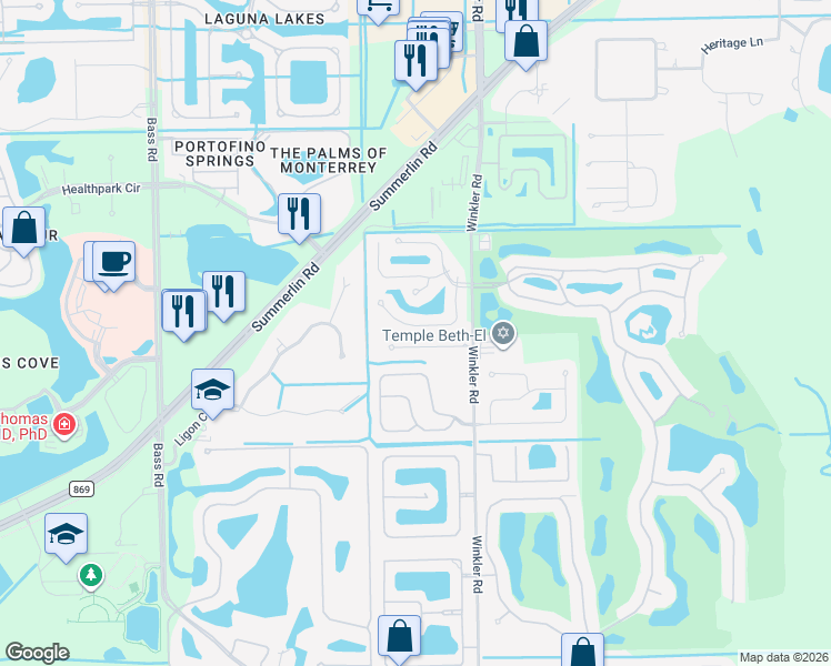 map of restaurants, bars, coffee shops, grocery stores, and more near 11949 Red Leaf Court in Fort Myers