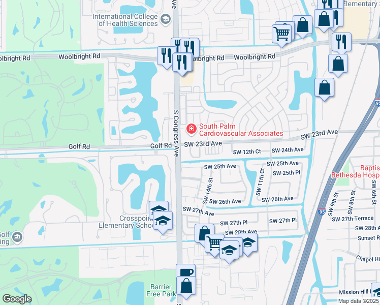 map of restaurants, bars, coffee shops, grocery stores, and more near 2400 South Congress Avenue in Boynton Beach