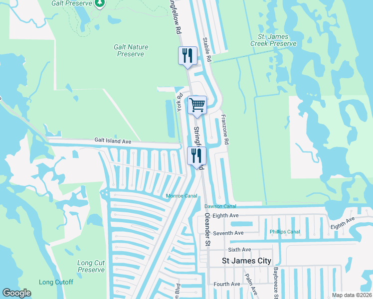 map of restaurants, bars, coffee shops, grocery stores, and more near 3158 York Road in St. James City