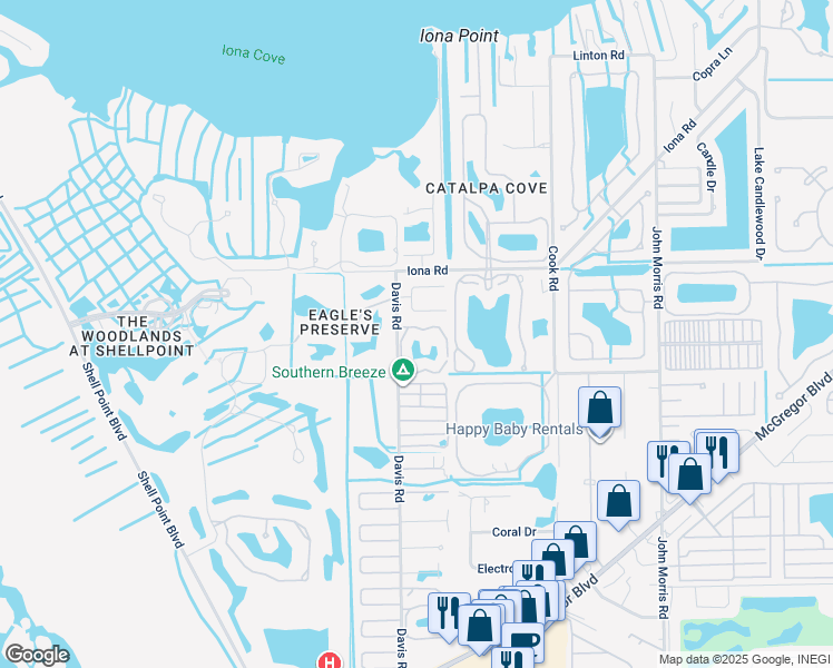 map of restaurants, bars, coffee shops, grocery stores, and more near 16007 Davis Road in Fort Myers