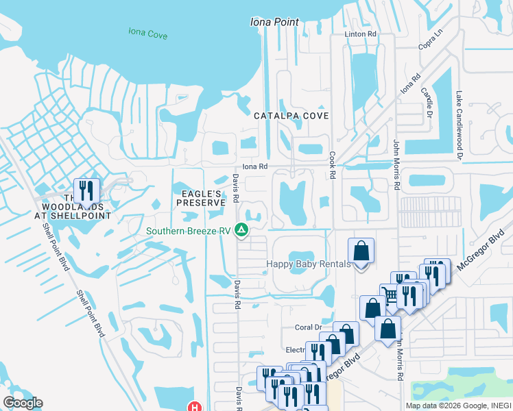 map of restaurants, bars, coffee shops, grocery stores, and more near 16007 Davis Road in Fort Myers