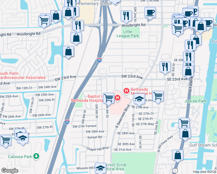 map of restaurants, bars, coffee shops, grocery stores, and more near 2512 Southwest 4th Street in Boynton Beach