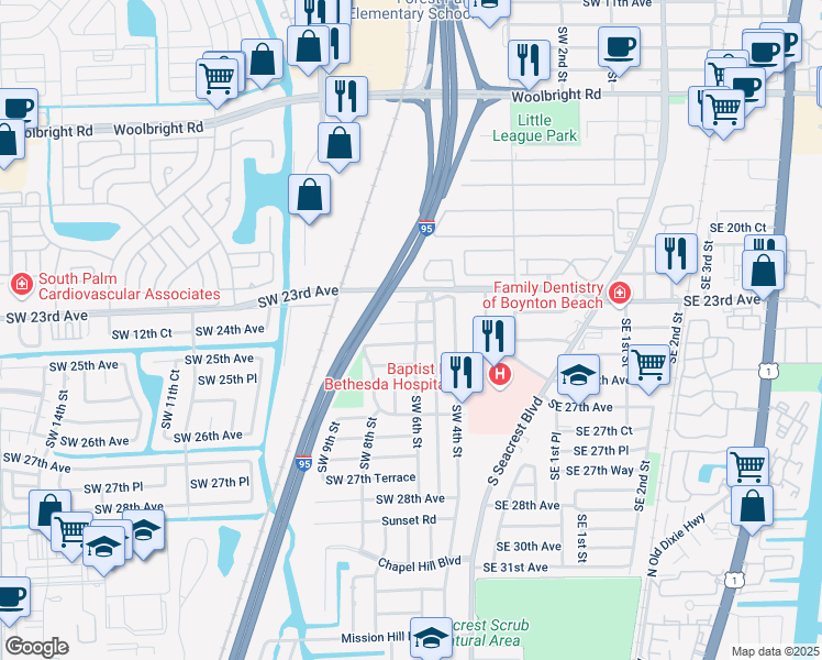 map of restaurants, bars, coffee shops, grocery stores, and more near 714 Southwest 24th Avenue in Boynton Beach