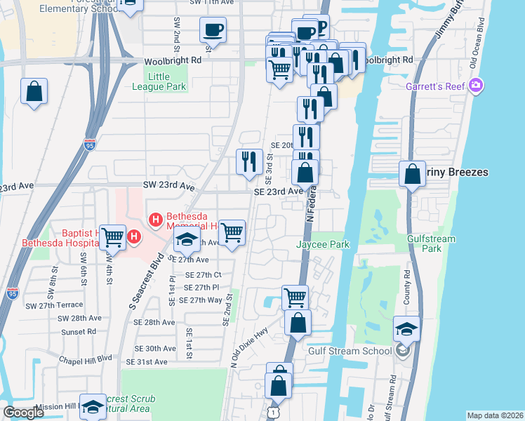 map of restaurants, bars, coffee shops, grocery stores, and more near 2614 Southeast 5th Circle in Boynton Beach