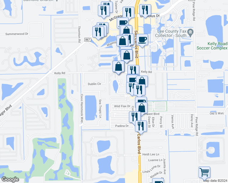map of restaurants, bars, coffee shops, grocery stores, and more near 11650 Chitwood Drive in Fort Myers