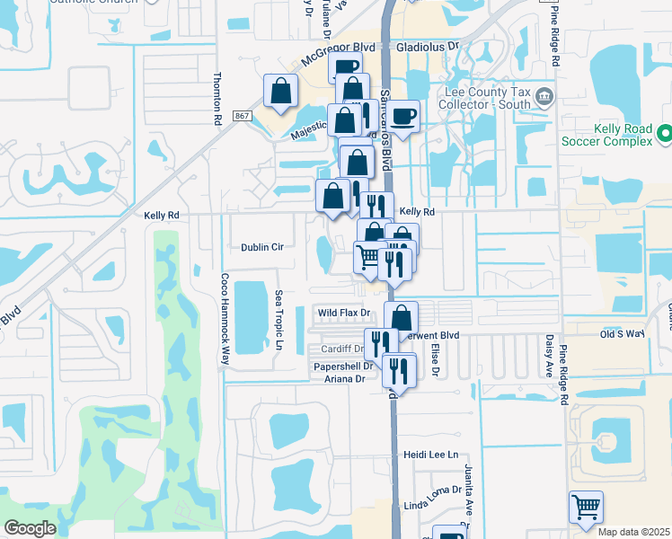 map of restaurants, bars, coffee shops, grocery stores, and more near 11650 Chitwood Drive in Fort Myers