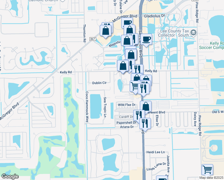 map of restaurants, bars, coffee shops, grocery stores, and more near 16113 Coco Hammock Way in Fort Myers