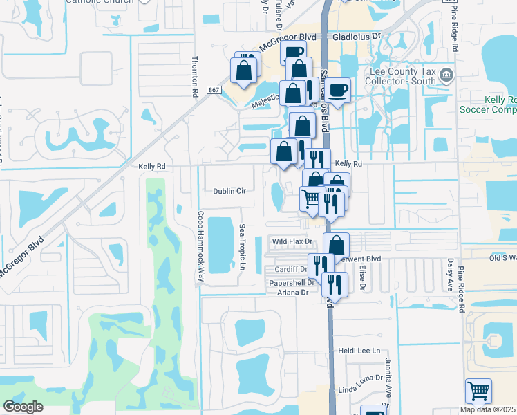 map of restaurants, bars, coffee shops, grocery stores, and more near 16113 Coco Hammock Way in Fort Myers