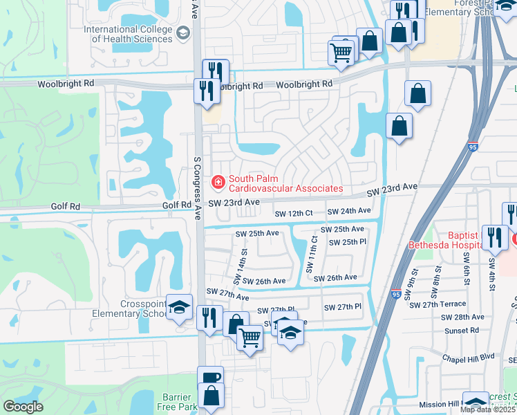 map of restaurants, bars, coffee shops, grocery stores, and more near 2401 Southwest 13th Street in Boynton Beach