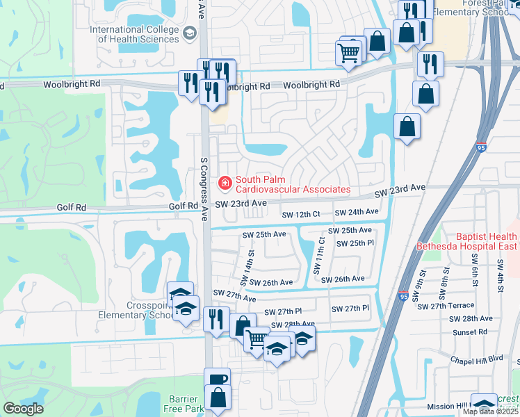 map of restaurants, bars, coffee shops, grocery stores, and more near 2401 Southwest 13th Street in Boynton Beach