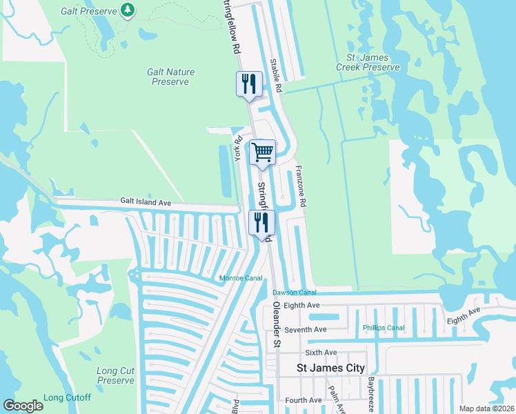 map of restaurants, bars, coffee shops, grocery stores, and more near 3211 Stringfellow Road in Saint James City