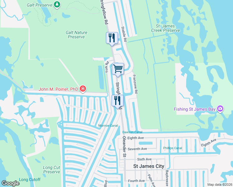map of restaurants, bars, coffee shops, grocery stores, and more near 3215 Stringfellow Road in Saint James City
