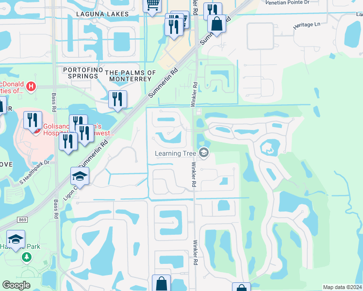 map of restaurants, bars, coffee shops, grocery stores, and more near 11830 Bayport Lane in Fort Myers
