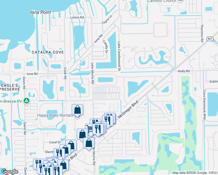 map of restaurants, bars, coffee shops, grocery stores, and more near 16175 John Morris Road in Fort Myers