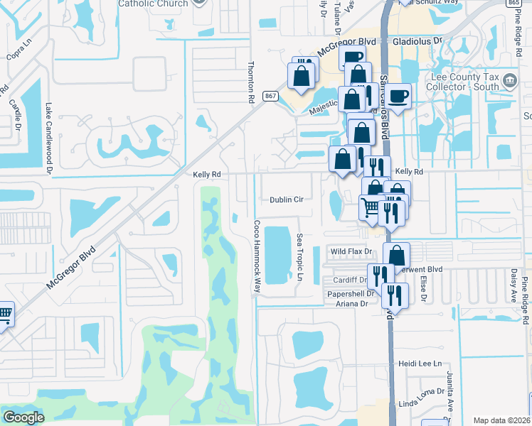 map of restaurants, bars, coffee shops, grocery stores, and more near 16192 Coco Hammock Way in Fort Myers