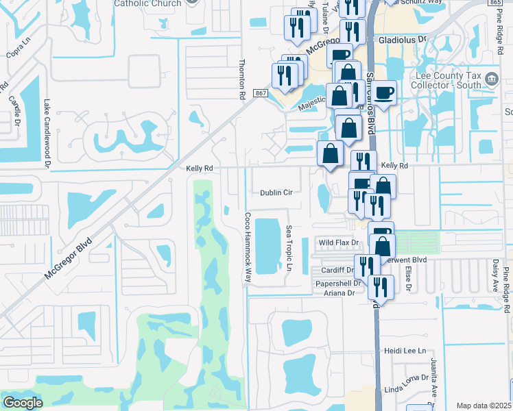 map of restaurants, bars, coffee shops, grocery stores, and more near 16192 Coco Hammock Way in Fort Myers