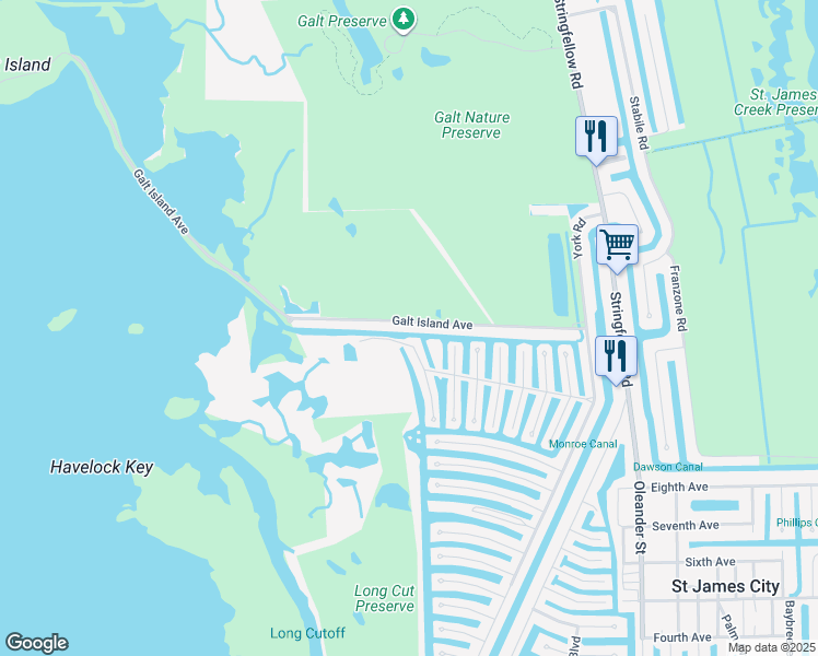 map of restaurants, bars, coffee shops, grocery stores, and more near 4001 Galt Island Avenue in Saint James City