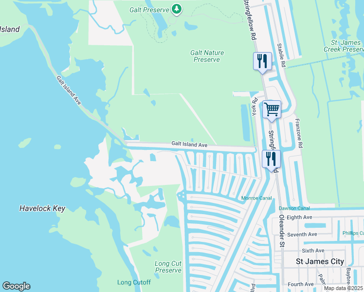 map of restaurants, bars, coffee shops, grocery stores, and more near 4001 Galt Island Avenue in Saint James City