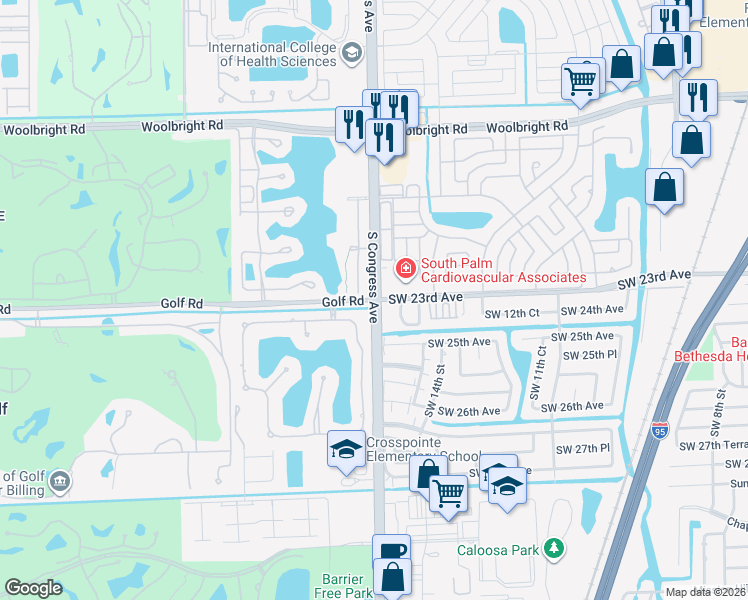map of restaurants, bars, coffee shops, grocery stores, and more near S Congress Ave & SW 23rd Ave & Golf Rd in Boynton Beach