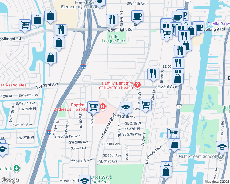 map of restaurants, bars, coffee shops, grocery stores, and more near 132 Southwest 24th Avenue in Boynton Beach