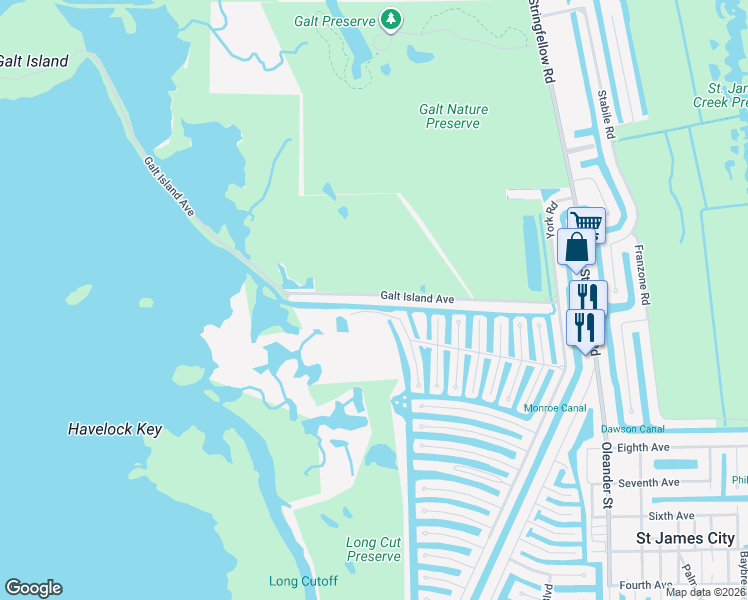 map of restaurants, bars, coffee shops, grocery stores, and more near 4051 Galt Island Avenue in Saint James City