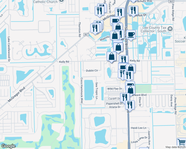 map of restaurants, bars, coffee shops, grocery stores, and more near 16156 Coco Hammock Way in Fort Myers