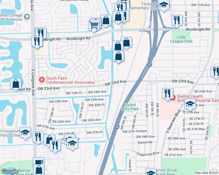 map of restaurants, bars, coffee shops, grocery stores, and more near 2302 Southwest 10th Street in Boynton Beach