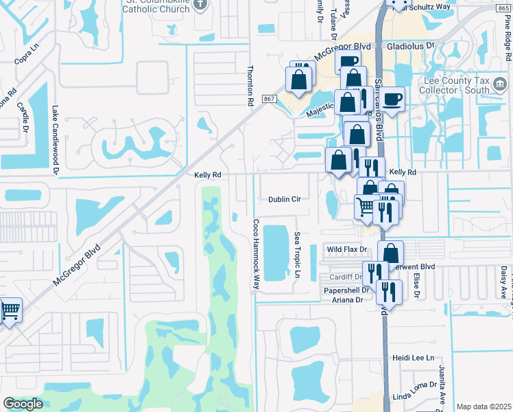 map of restaurants, bars, coffee shops, grocery stores, and more near 16192 Coco Hammock Way in Fort Myers