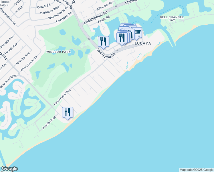 map of restaurants, bars, coffee shops, grocery stores, and more near Sea Spray Lane in Freeport