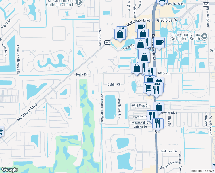 map of restaurants, bars, coffee shops, grocery stores, and more near 16192 Coco Hammock Way in Fort Myers