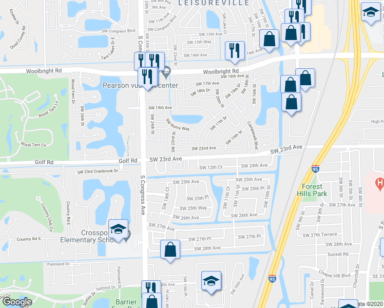 map of restaurants, bars, coffee shops, grocery stores, and more near 1803 Southwest 22nd Way in Boynton Beach