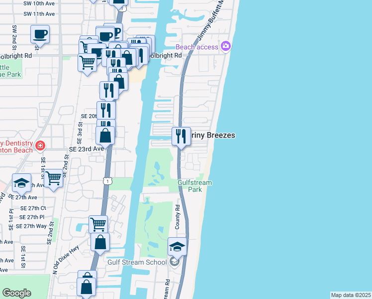 map of restaurants, bars, coffee shops, grocery stores, and more near 3 East Cedar Drive in Boynton Beach