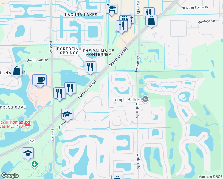 map of restaurants, bars, coffee shops, grocery stores, and more near 16036 Thorn Wood Drive in Fort Myers