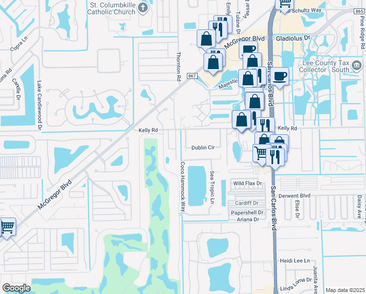 map of restaurants, bars, coffee shops, grocery stores, and more near I Sanibel Boulevard in Fort Myers